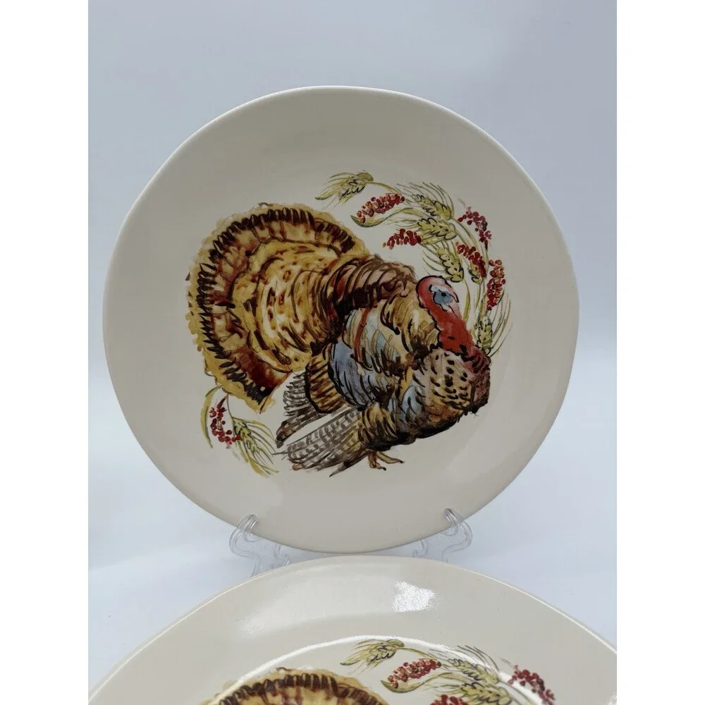 Pottery Barn Watercolor Turkey Salad Dessert Plates Set Of 4 Thanksgiving 8”